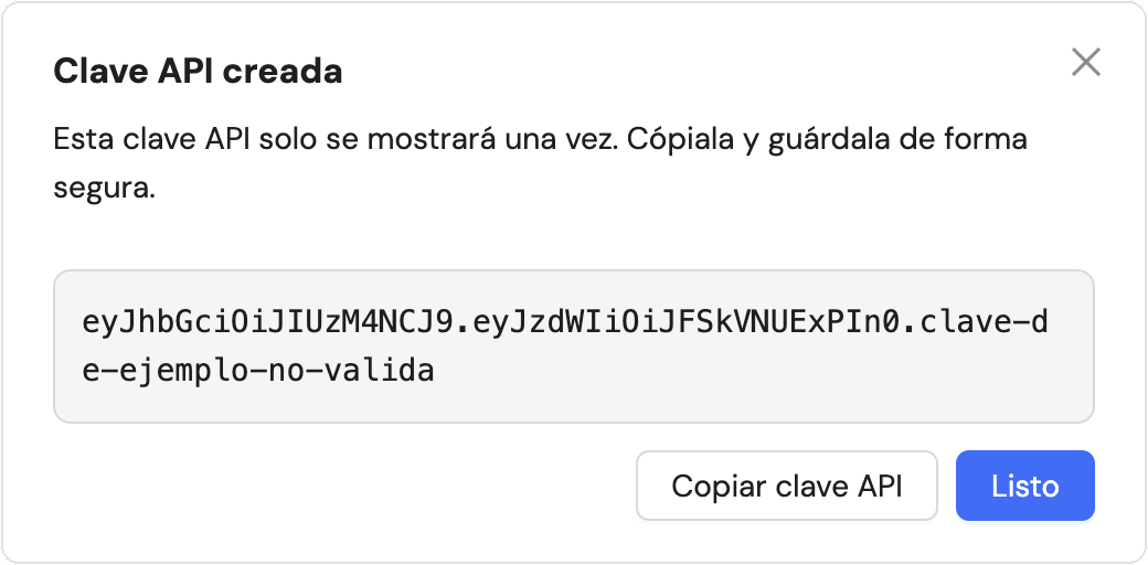 Ventana Clave API creada con una clave de ejemplo y los botones Copiar clave API y Listo