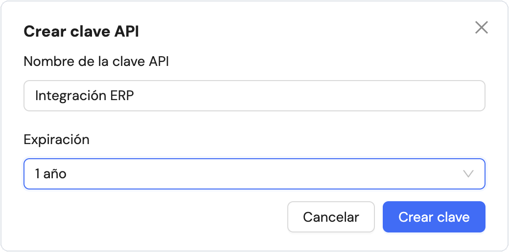 Ventana Crear clave API con el nombre Integración ERP y la expiración de 1 año