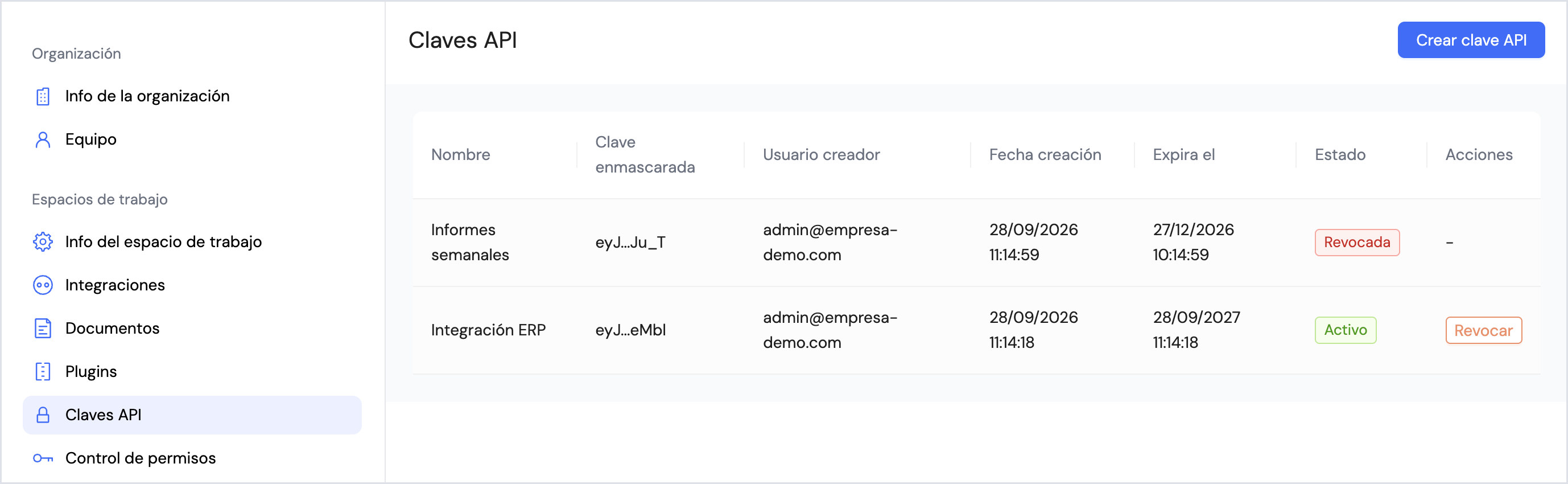 Sección Claves API de Configuración con una clave revocada y otra activa