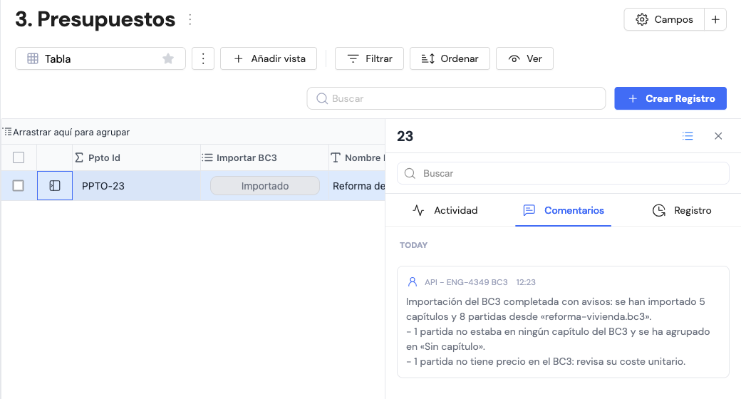 Presupuesto con Importar BC3 en Importado y el comentario con el resultado de la importación