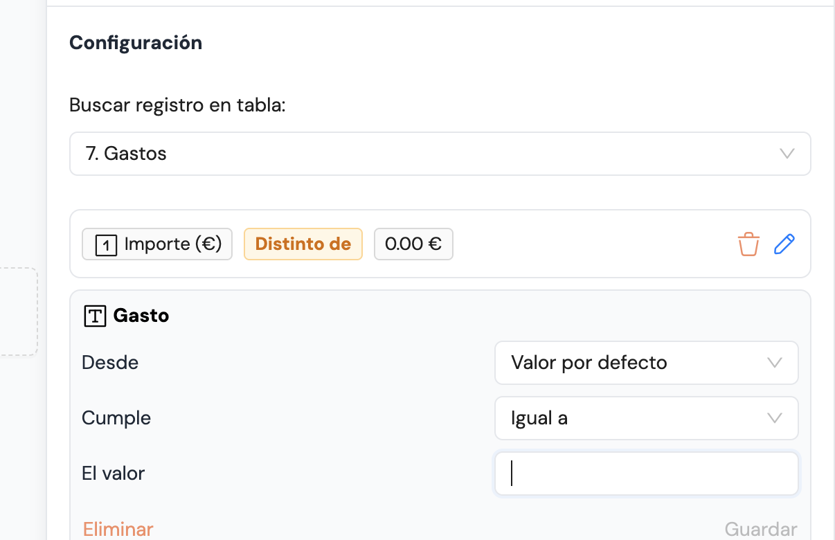 Condición sobre un campo de texto sin valor, con el botón Guardar deshabilitado